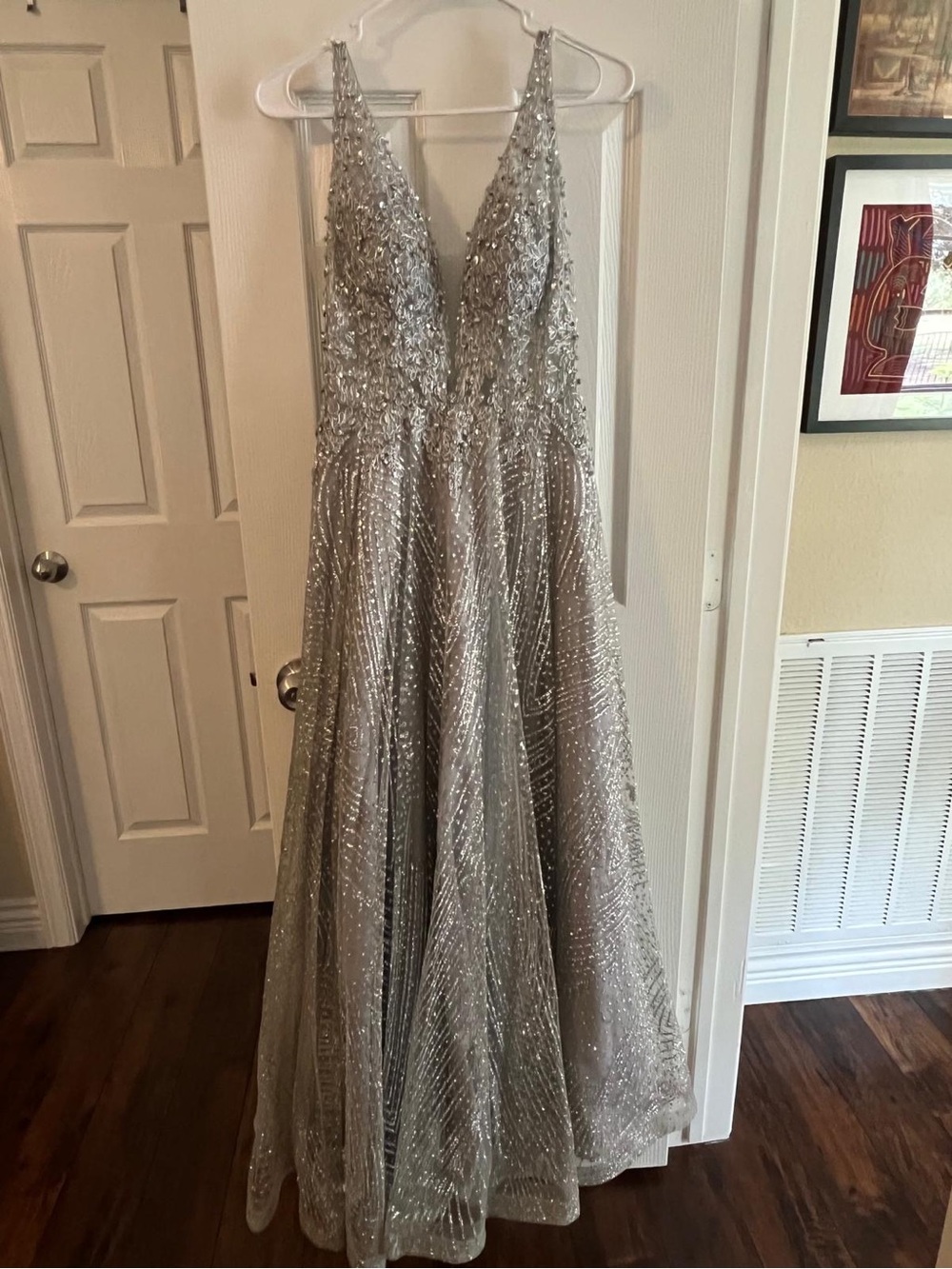 Sparkling Silver Beaded V-Neck Prom Dress